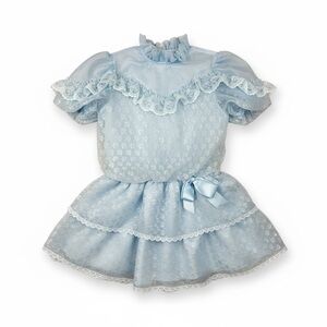 Vintage Y2K Girls Blue Sheer Embroidered Formal Dress Lace Ruffle Easter Pageant